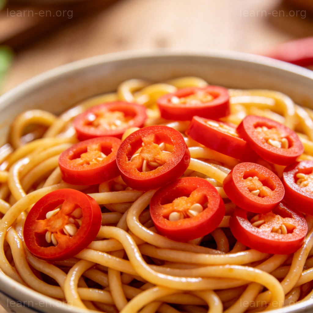 Chili Pepper 图解：一碗铺满新鲜红辣椒的面条，展示其作为食材的用法