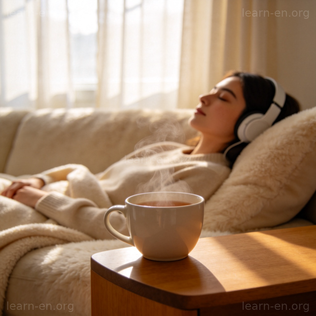 Chill out 放松含义图解：一人闭眼躺在沙发上听音乐