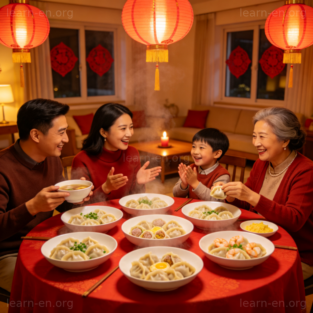 Chinese New Year 图解：春节家庭团圆饭与红色装饰场景