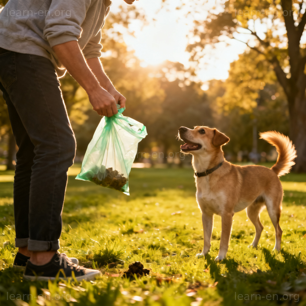 clean up after your pet 图解：公园中用环保袋清理狗粪便场景
