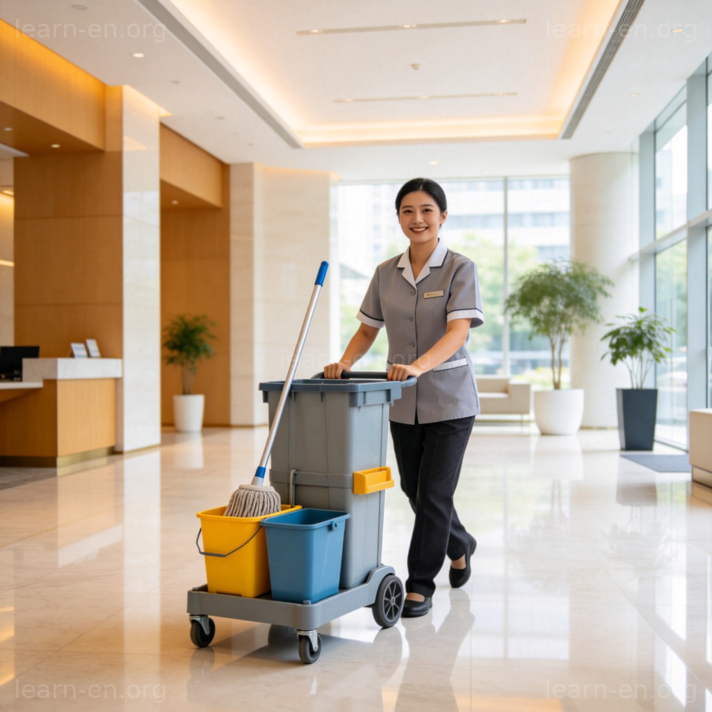 Cleaner 清洁工图解：办公室清洁人员推着清洁车