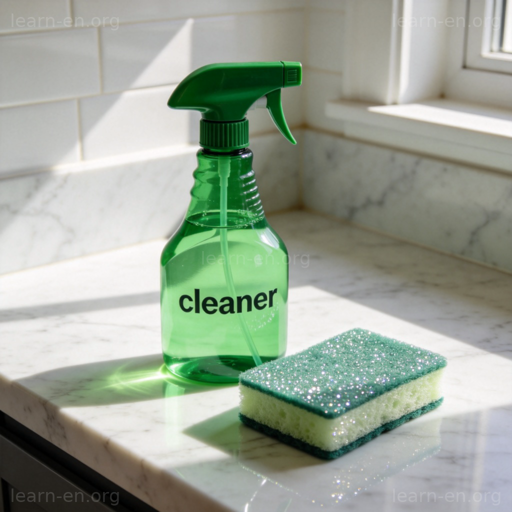 Cleaner 清洁剂图解：大理石台面上的绿色清洁喷雾瓶