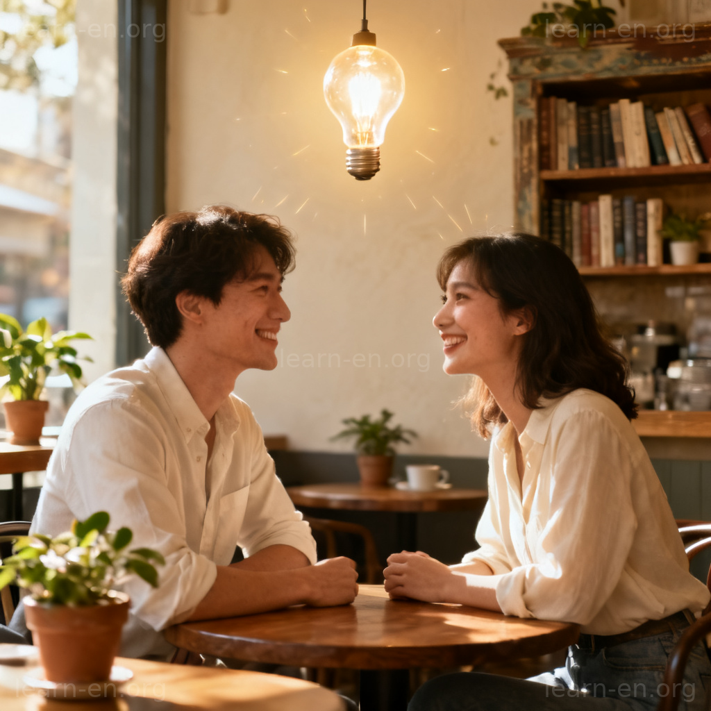 click with 图解：两人在咖啡馆一见如故，灯泡象征瞬间默契