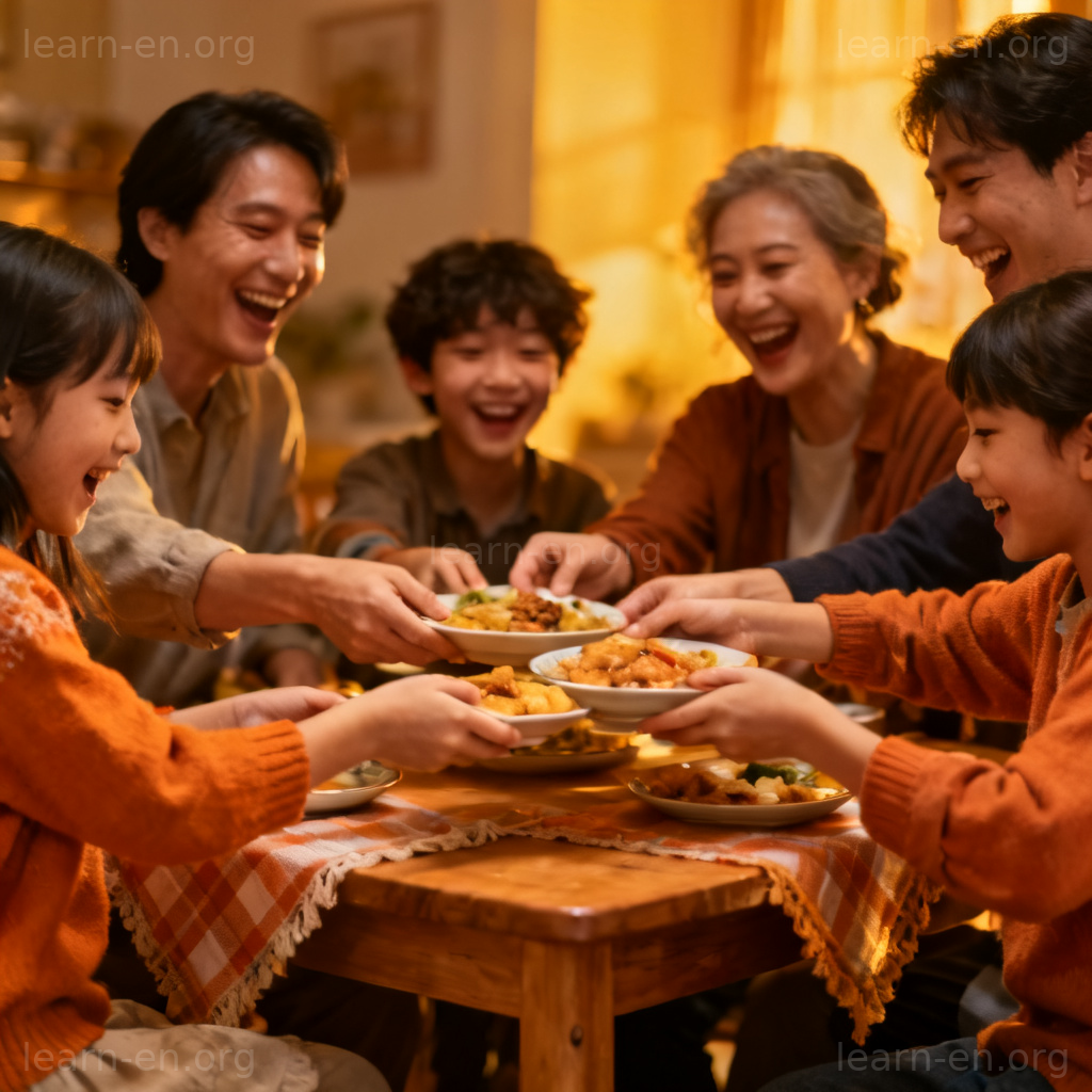 close-knit family 图解：温馨家庭聚餐，亲密围坐分享美食的场景