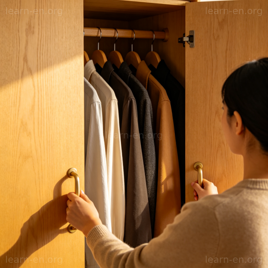 Closet 衣柜图解：打开木门展示内部整齐悬挂的衣物