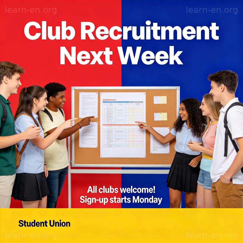 Club recruitment is next week 含义图解：校园布告栏上的社团招募海报