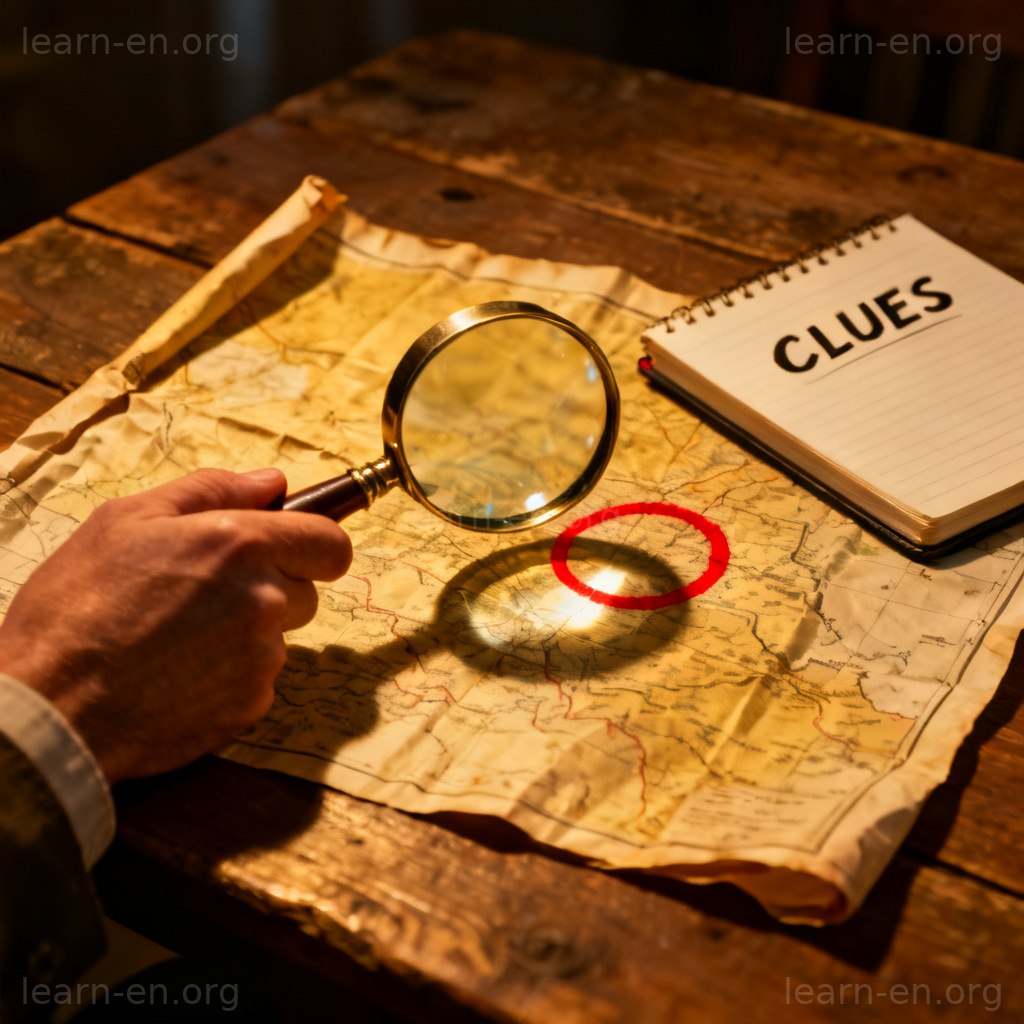 clue 线索图解：侦探用放大镜在地图上寻找线索的场景