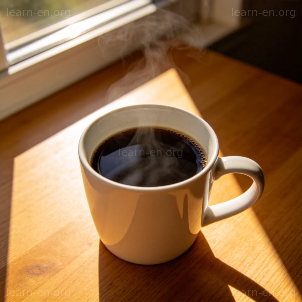 Coffee 图解：清晨阳光下一杯冒着热气的咖啡，营造温馨场景