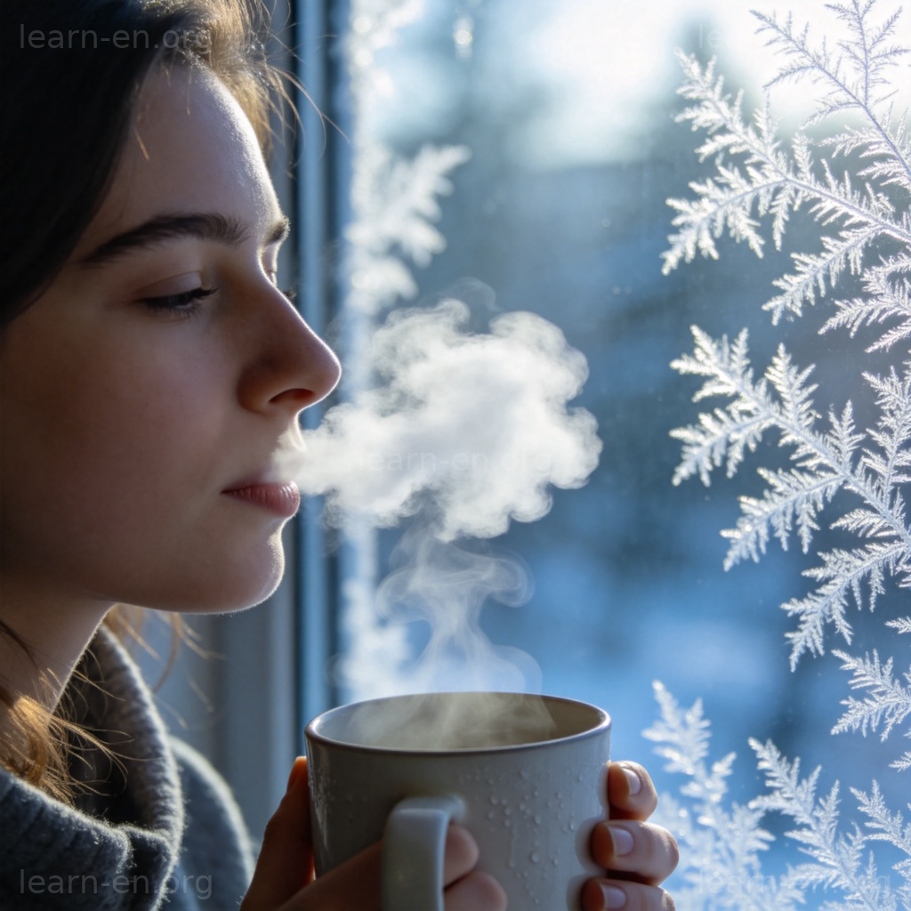 cold 寒冷含义图解：冬日呼出热气与结霜窗户