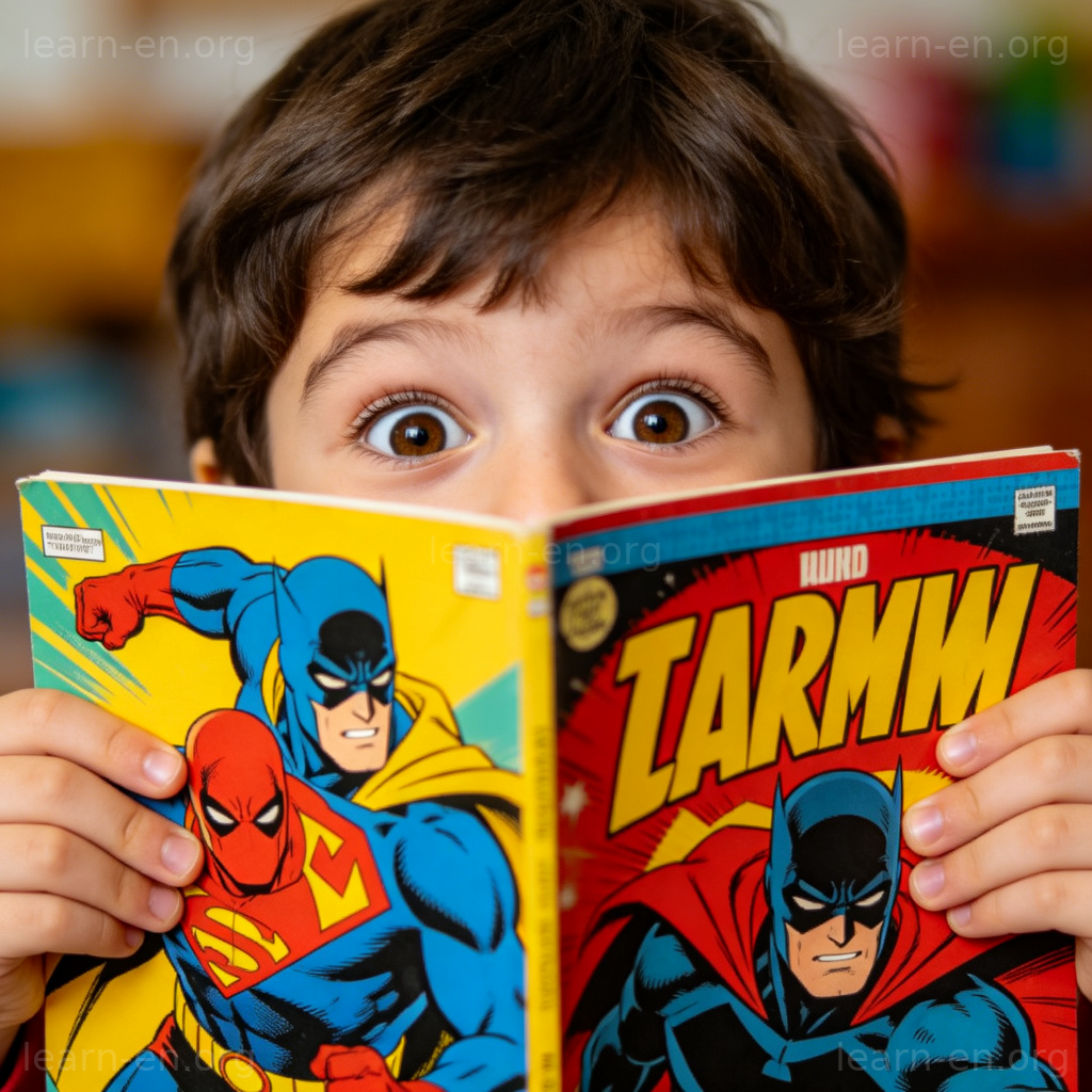 Comic Book 图解：孩子兴奋地手持超级英雄漫画书