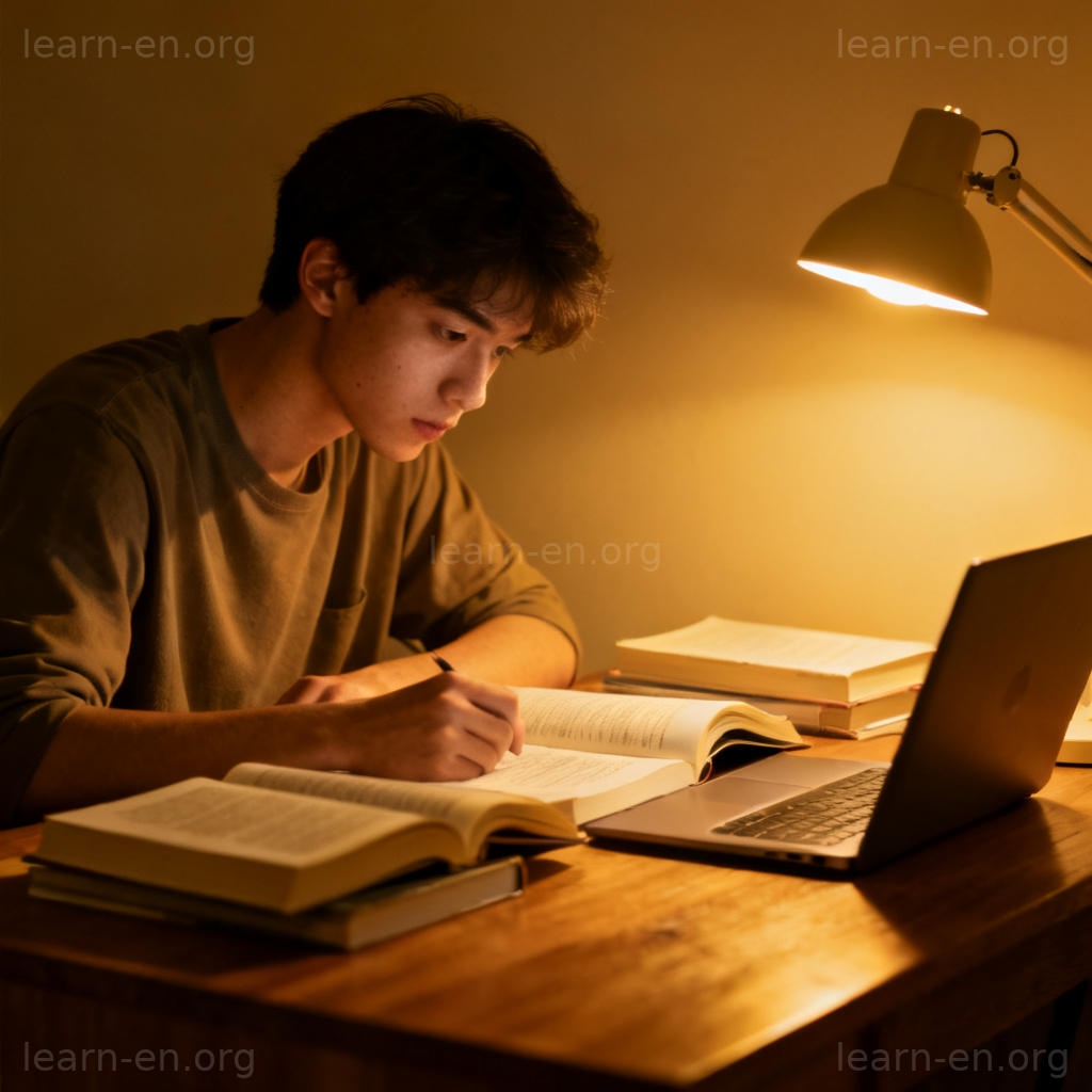 commitment 投入含义图解：学生深夜专注学习的场景