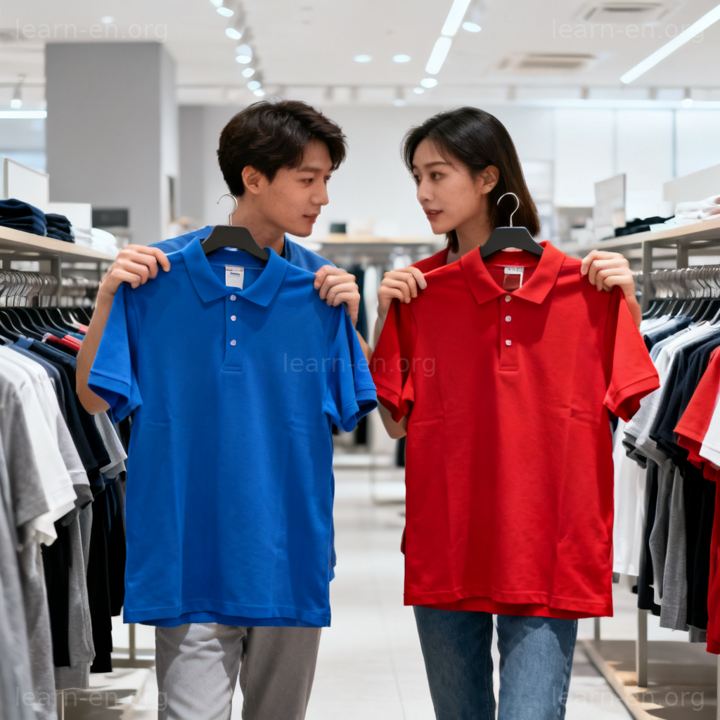 comparison 比较含义图解：两人在商店对比不同颜色衬衫