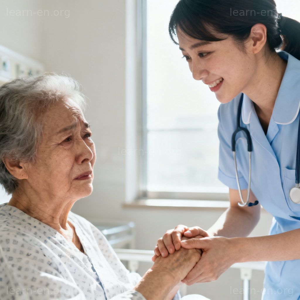 compassionate 含义图解：护士紧握病患手，展现深切关怀与同情