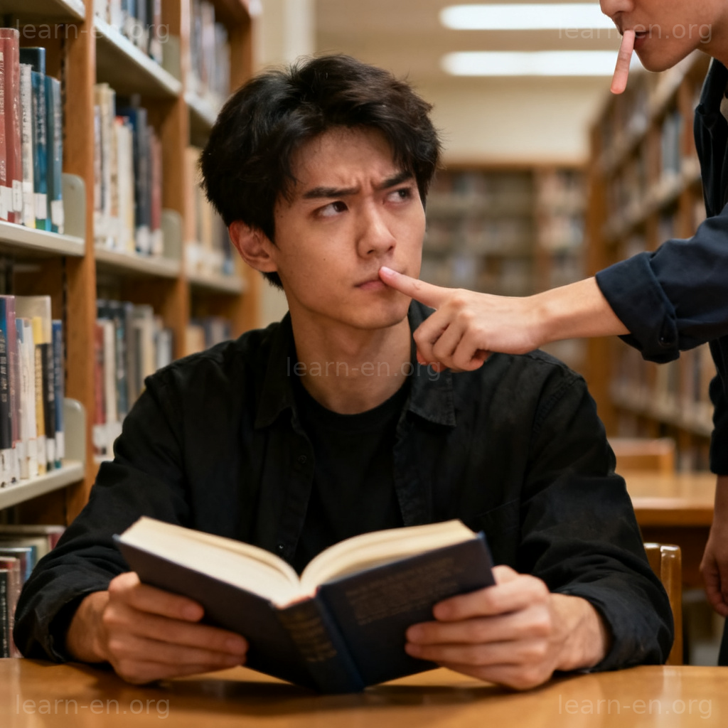 compel 强迫含义图解：图书馆中一人被示意安静而合上书