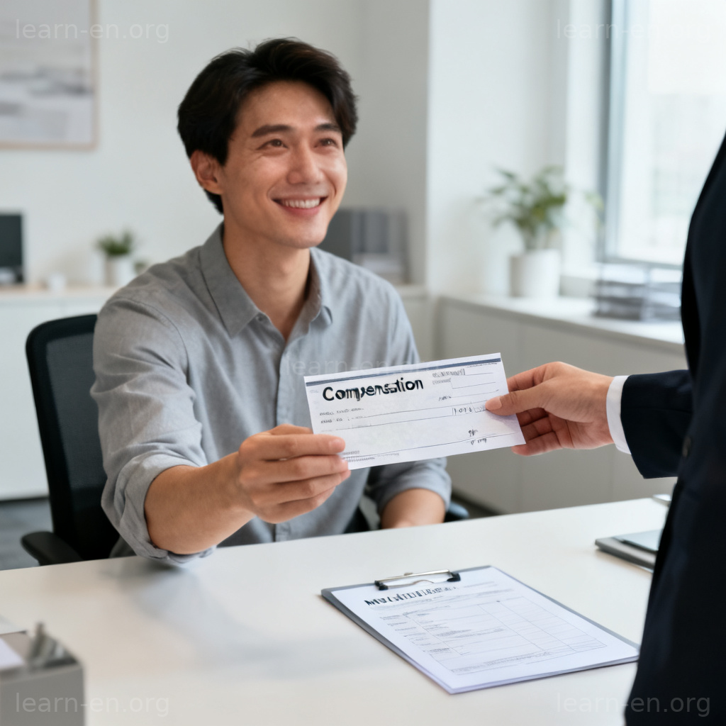 compensation 图解：办公室场景中经理向员工递交补偿支票