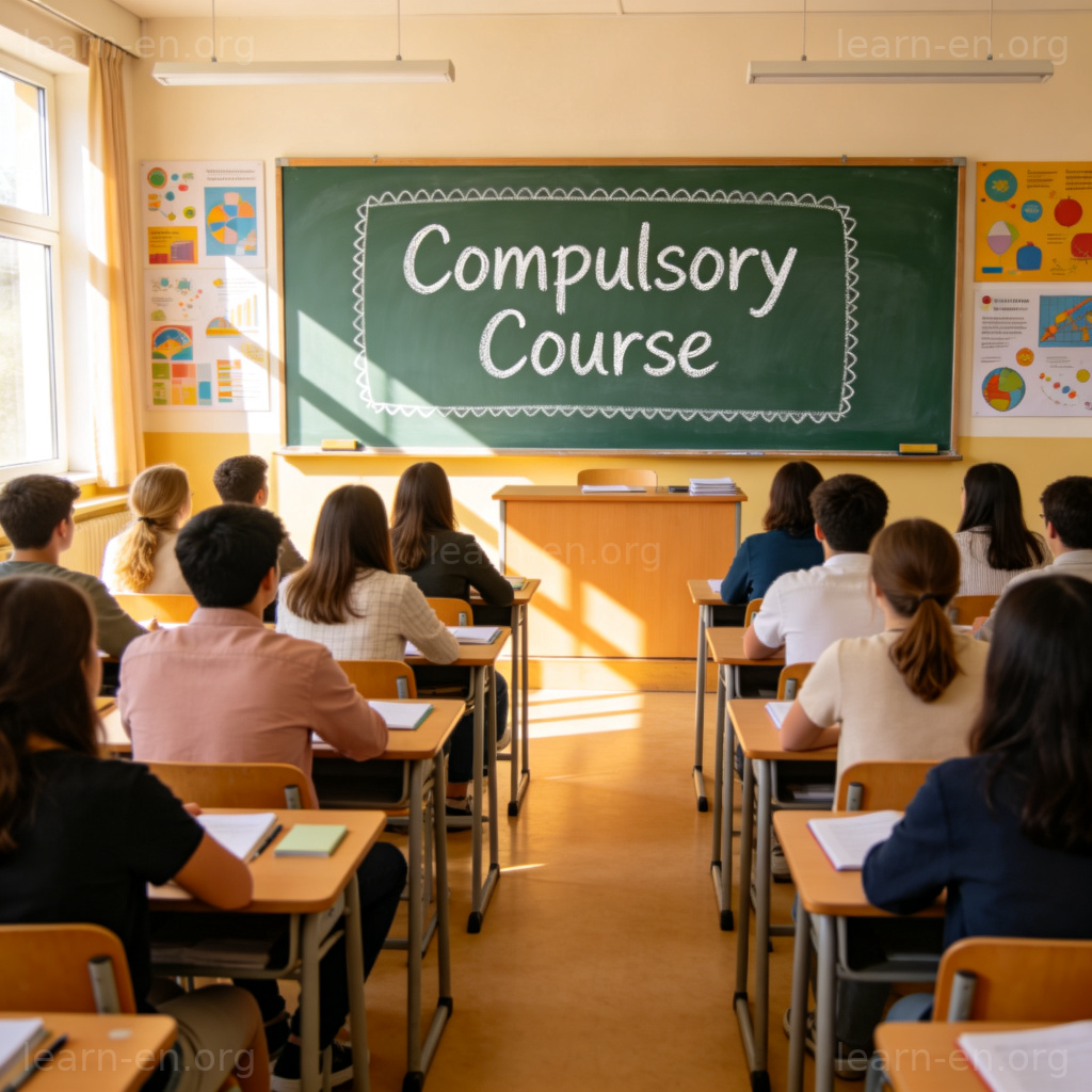 Compulsory Course 图解：黑板上写着必修课，学生认真上课的场景