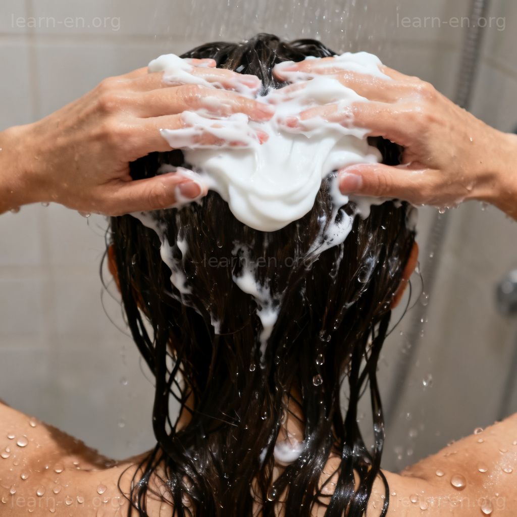 护发素使用场景图解：双手在淋浴间涂抹白色乳霜于湿发