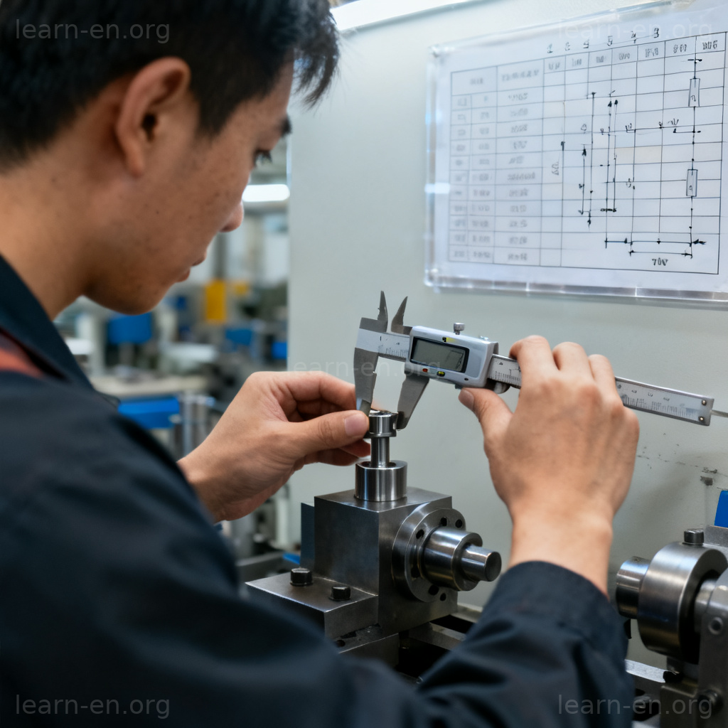 conform 遵守含义图解：工人用卡尺精确测量零件，对照标准图表