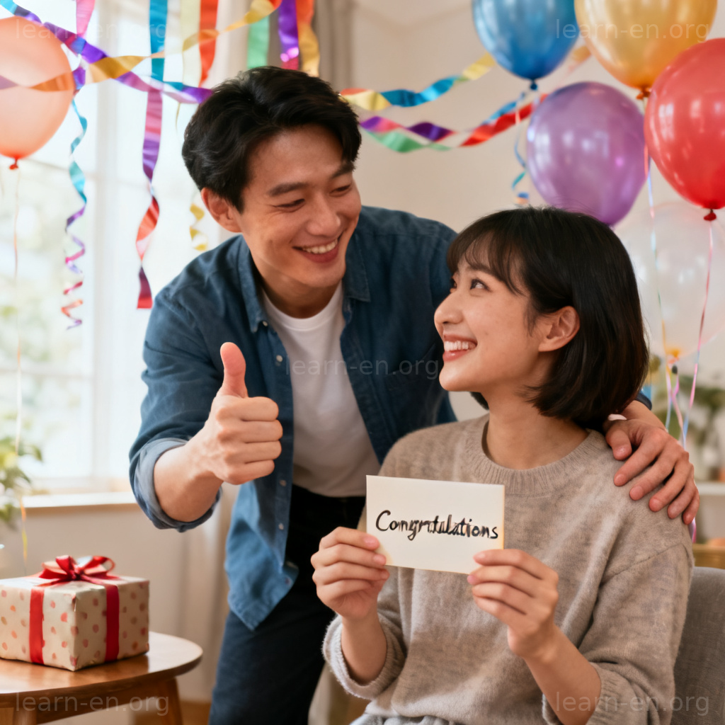 congratulate 场景图解：两人微笑击掌祝贺，背景有气球和礼物