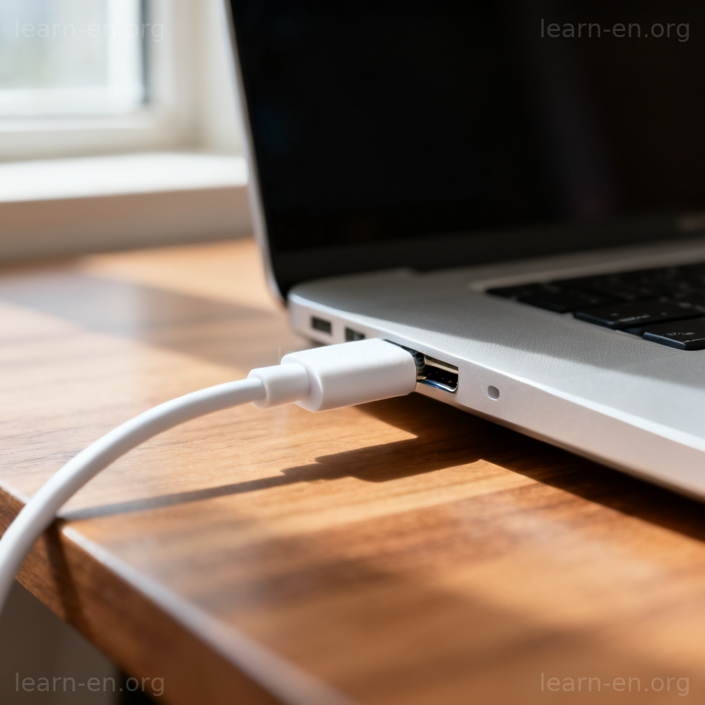 connection 连接含义图解：USB-C 数据线插入笔记本电脑端口