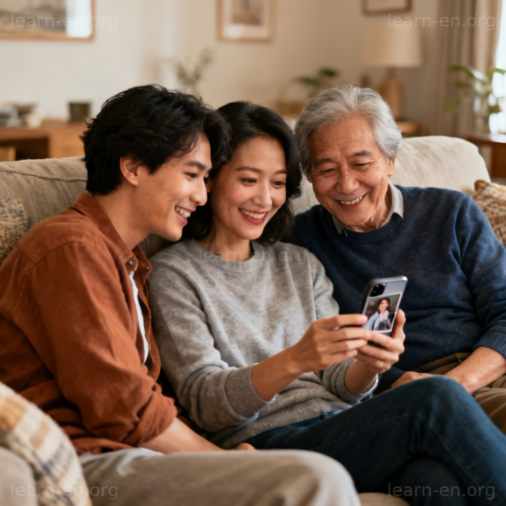 connection 关系含义图解：三人在客厅亲密交谈的温馨场景