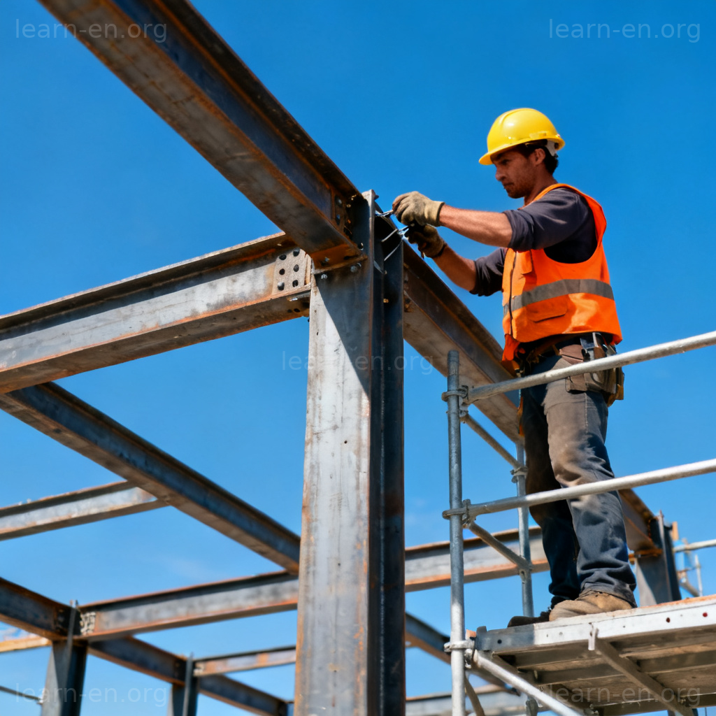 construct 建造含义图解：建筑工人组装钢结构