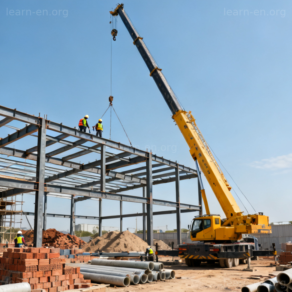 construction 建造含义图解：繁忙工地与起重机作业场景