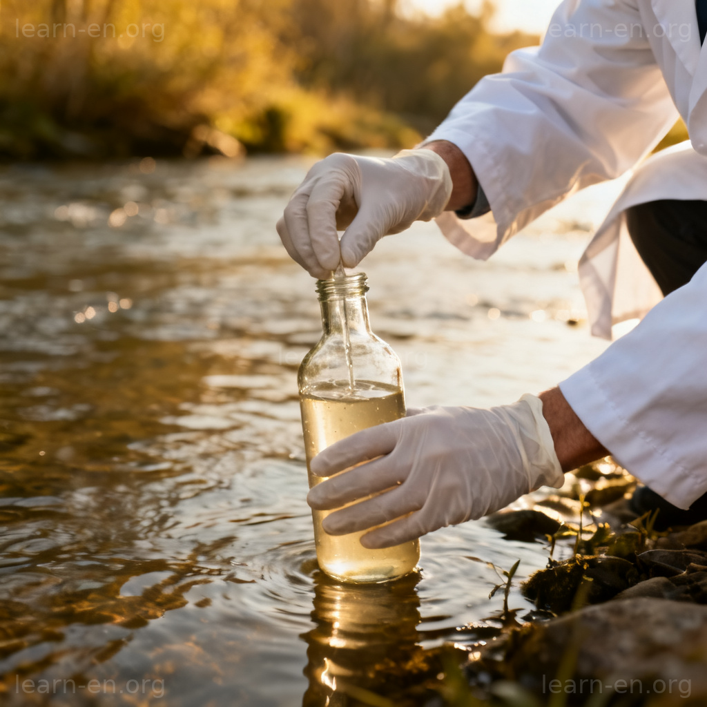 contaminant 污染物图解：科学家在河流中采集浑浊水样