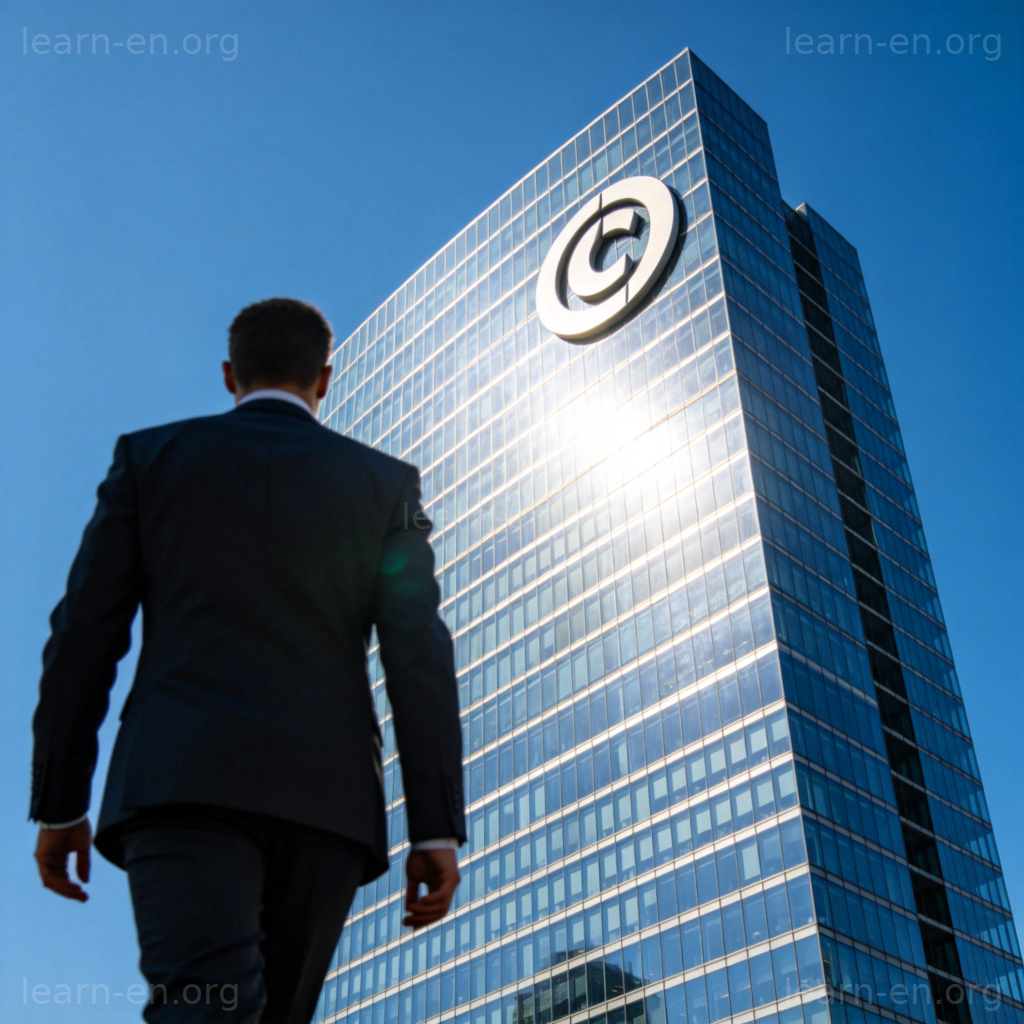 corporation 大型公司概念图：现代玻璃摩天大楼与自信的专业人士