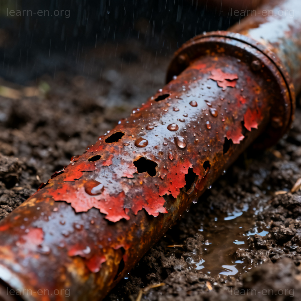 corrode 腐蚀含义图解：生锈金属管在雨中被腐蚀的特写