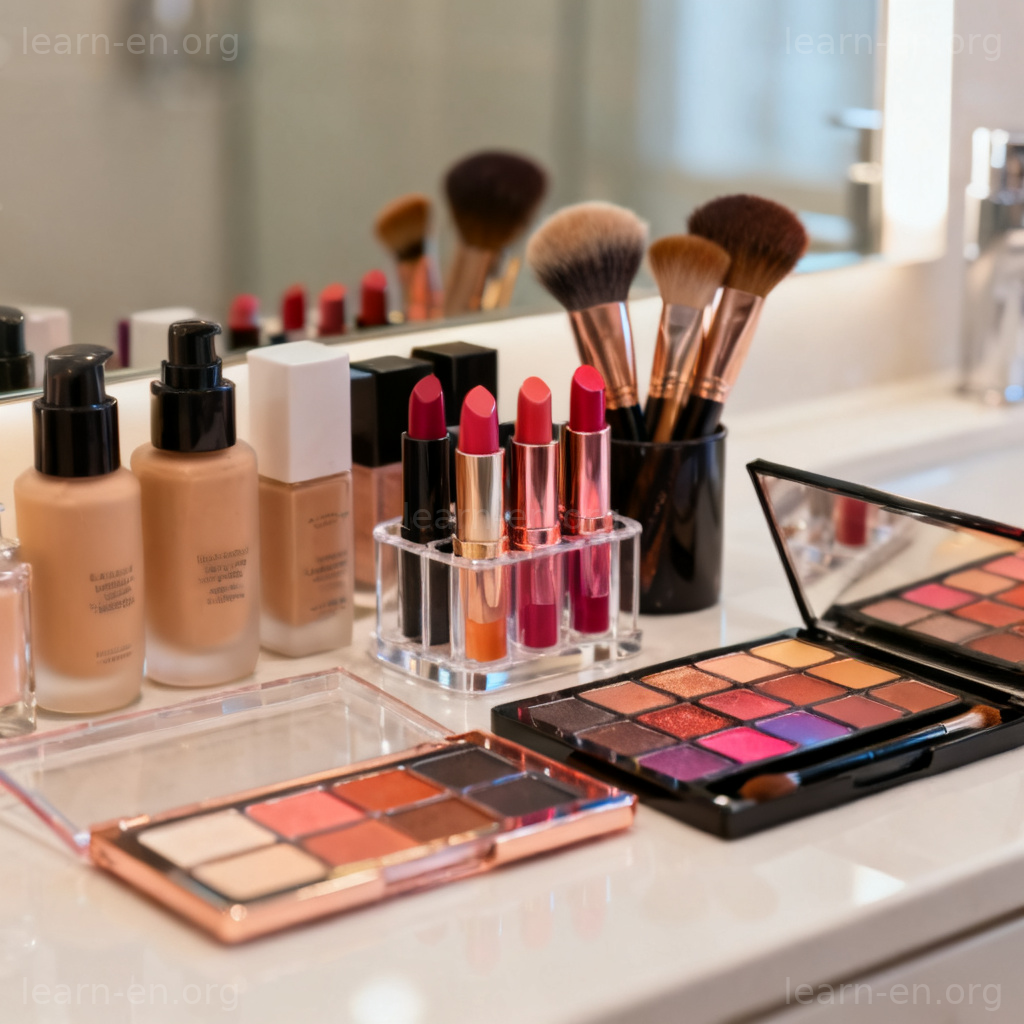 cosmetics 化妆品图解：现代梳妆台上整齐排列的各类彩妆产品