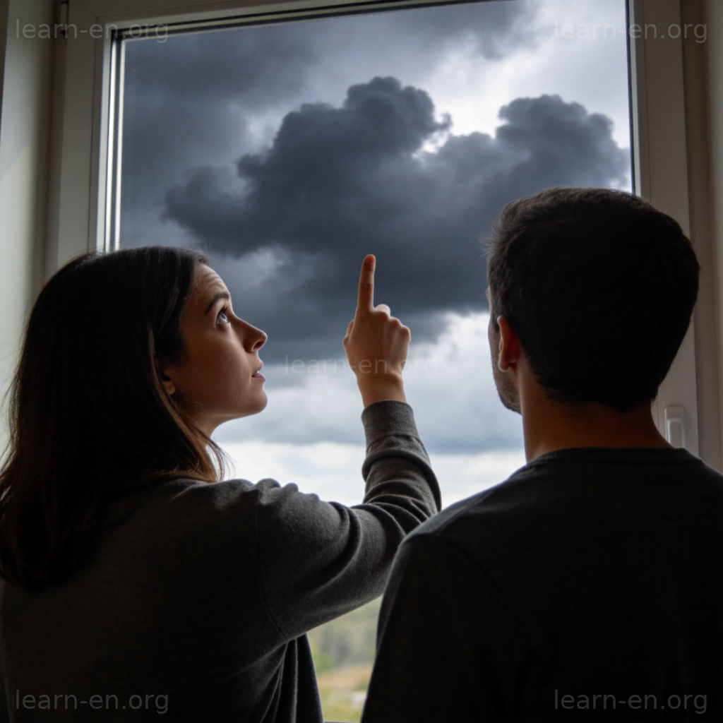 could表示可能性的场景图解：两人看乌云，示意可能下雨