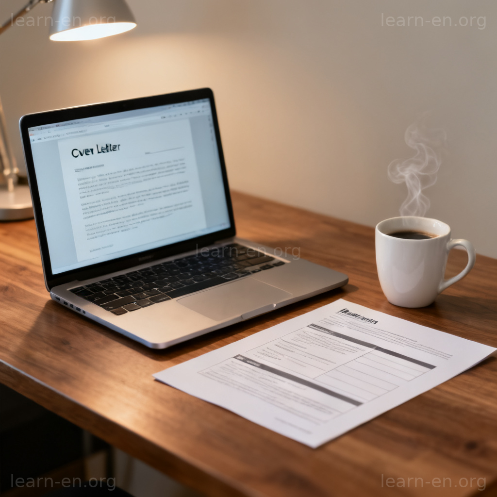 Cover Letter 求职信图解：笔记本电脑显示格式规范的求职信，旁有简历和咖啡