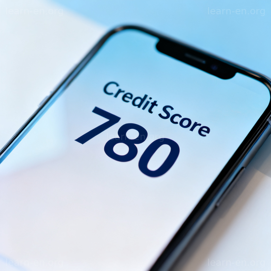 Credit Score 信用评分图解：手机屏幕显示高分780，代表良好财务状况