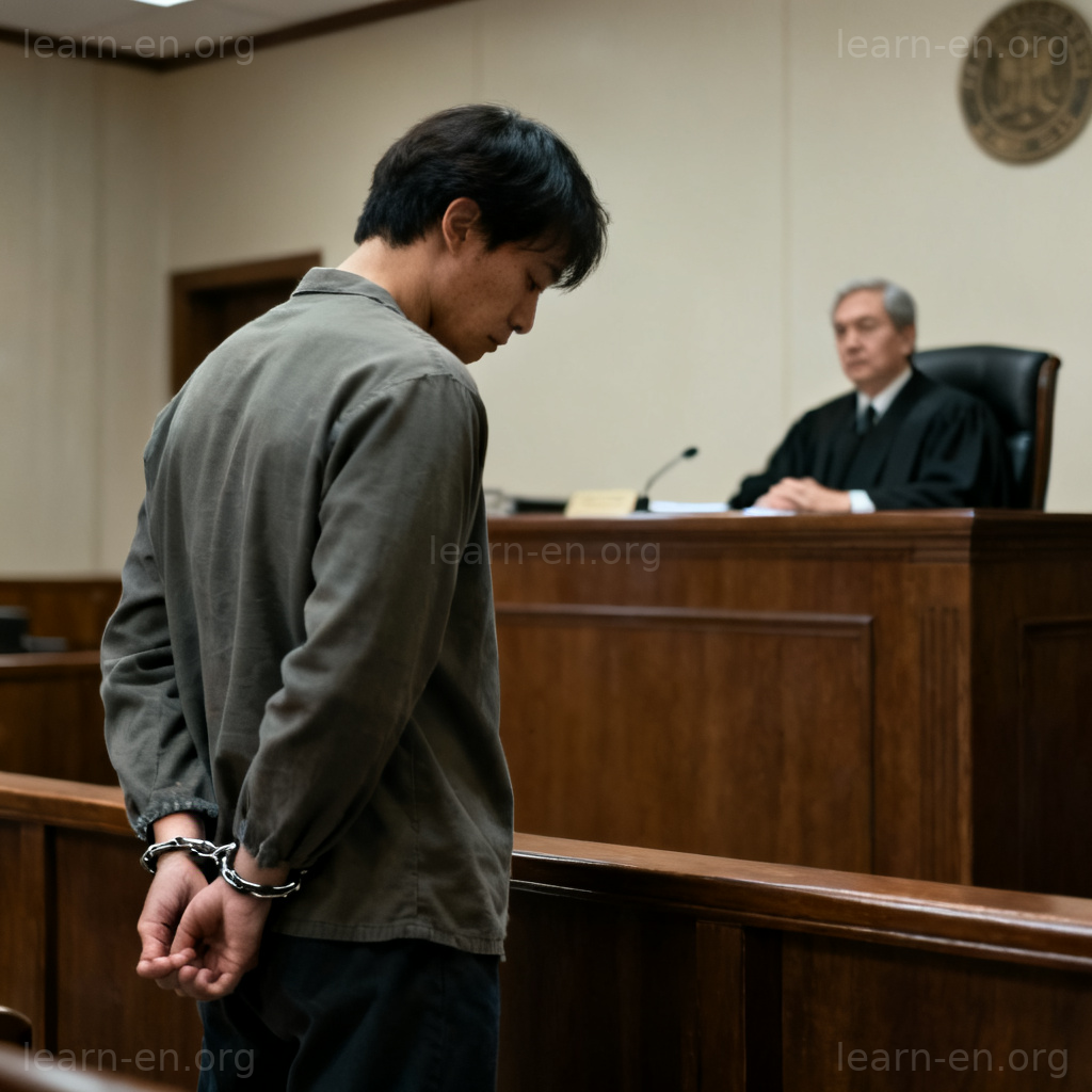criminal 罪犯图解：法庭上戴手铐的被告面对法官