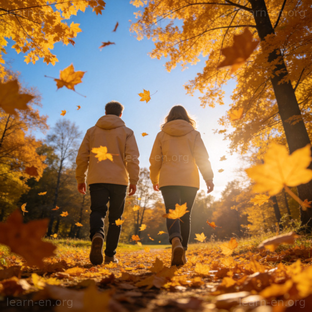 Crisp Fall Weather 图解：晴朗秋日下，人们身着薄外套漫步于金黄落叶中