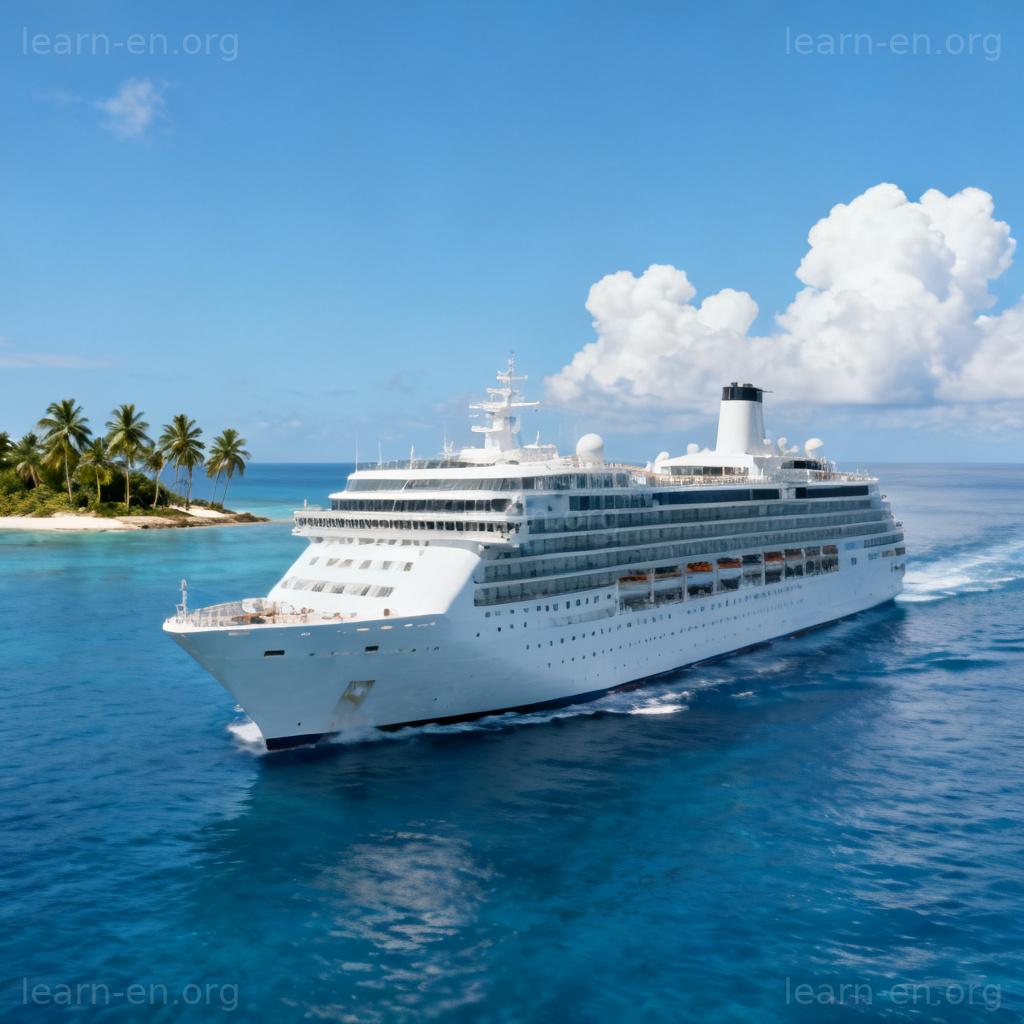cruise 含义图解：白色大型游轮在蓝色海洋上航行
