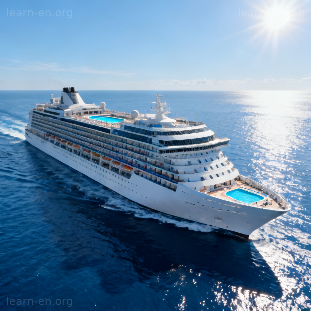cruise ship 邮轮图解：白色多层甲板邮轮在蓝色海洋航行