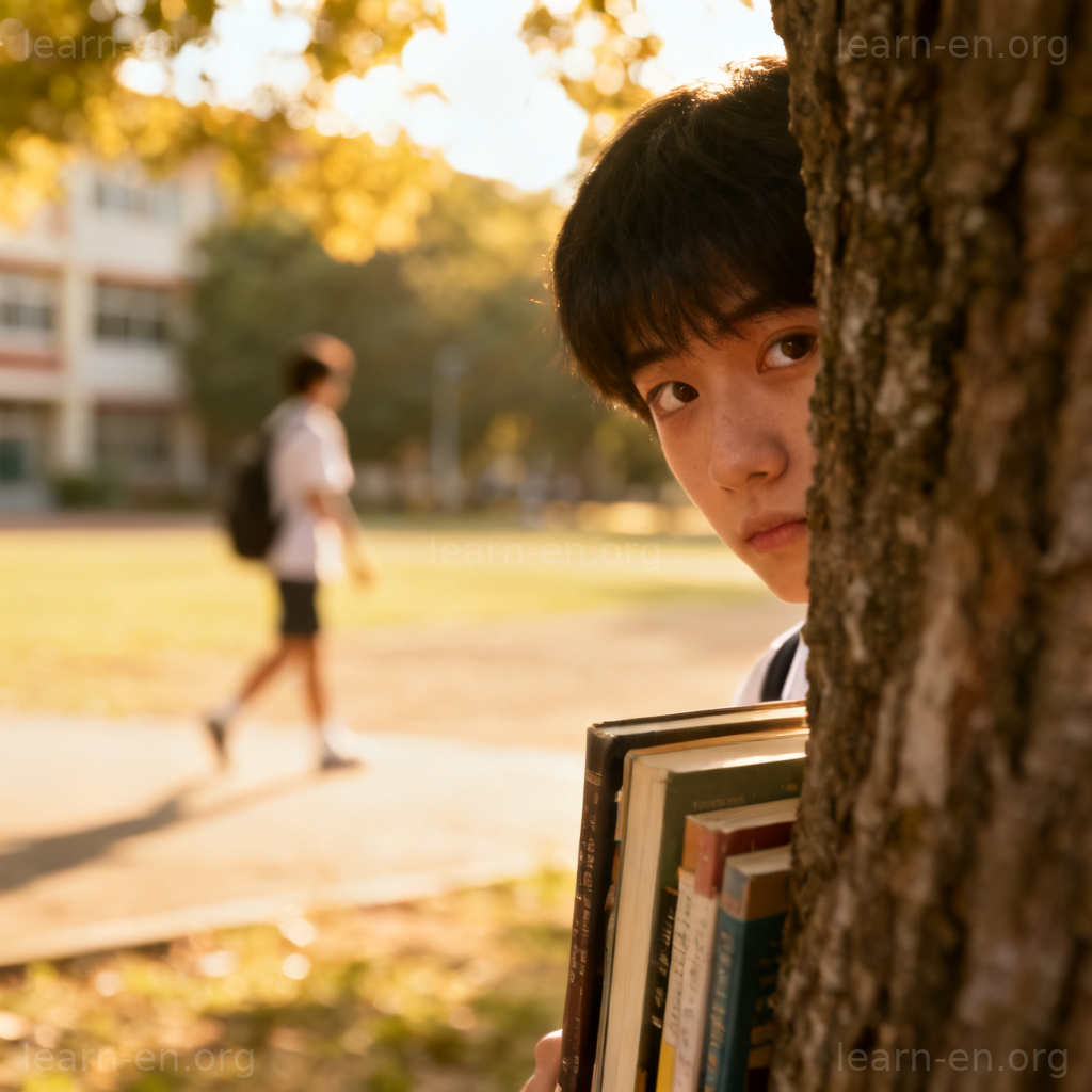 Crush 暗恋含义图解：害羞的人从树后偷看远处走过的人