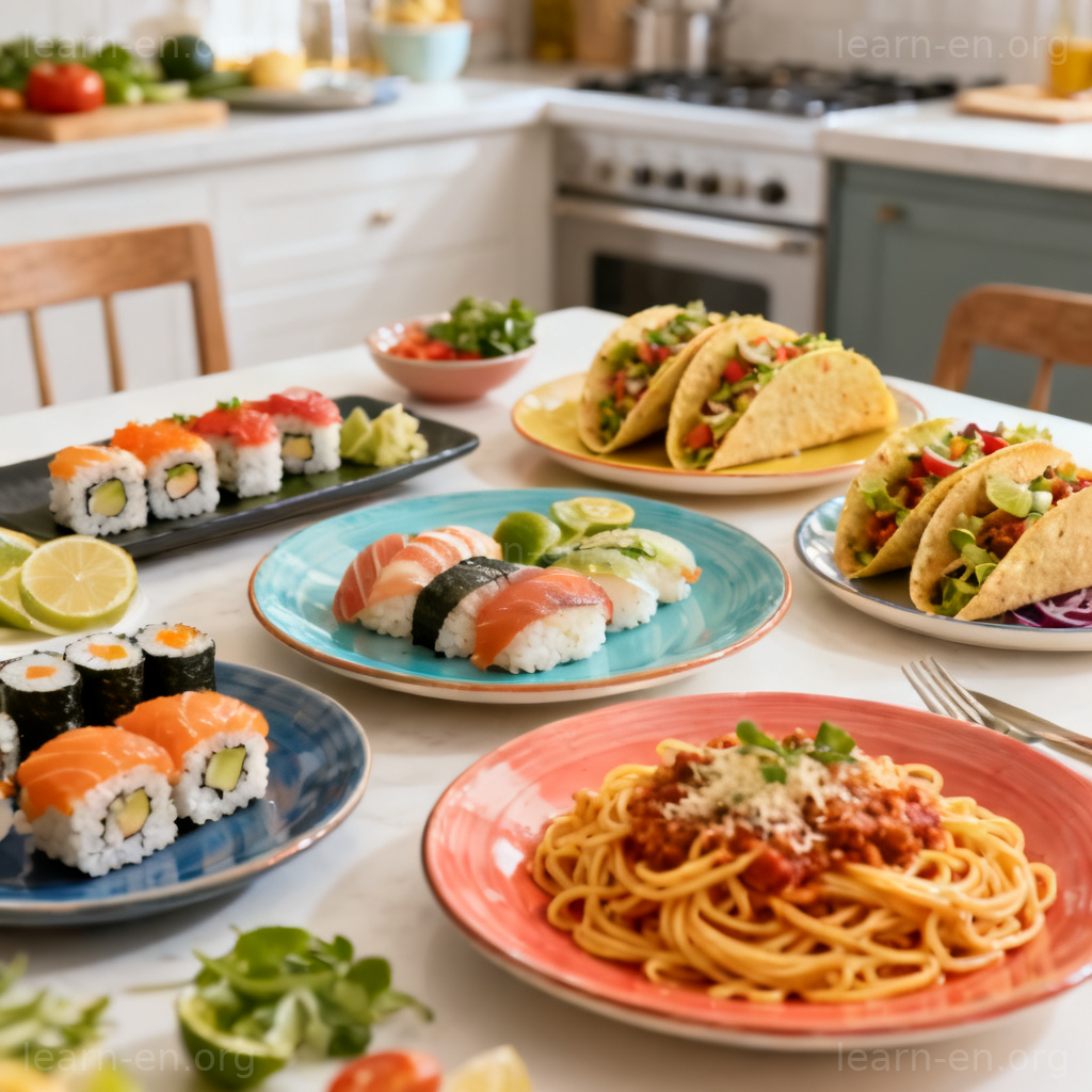 Cuisine 含义图解：展示日式寿司、墨西哥塔可、意大利面等各国菜肴