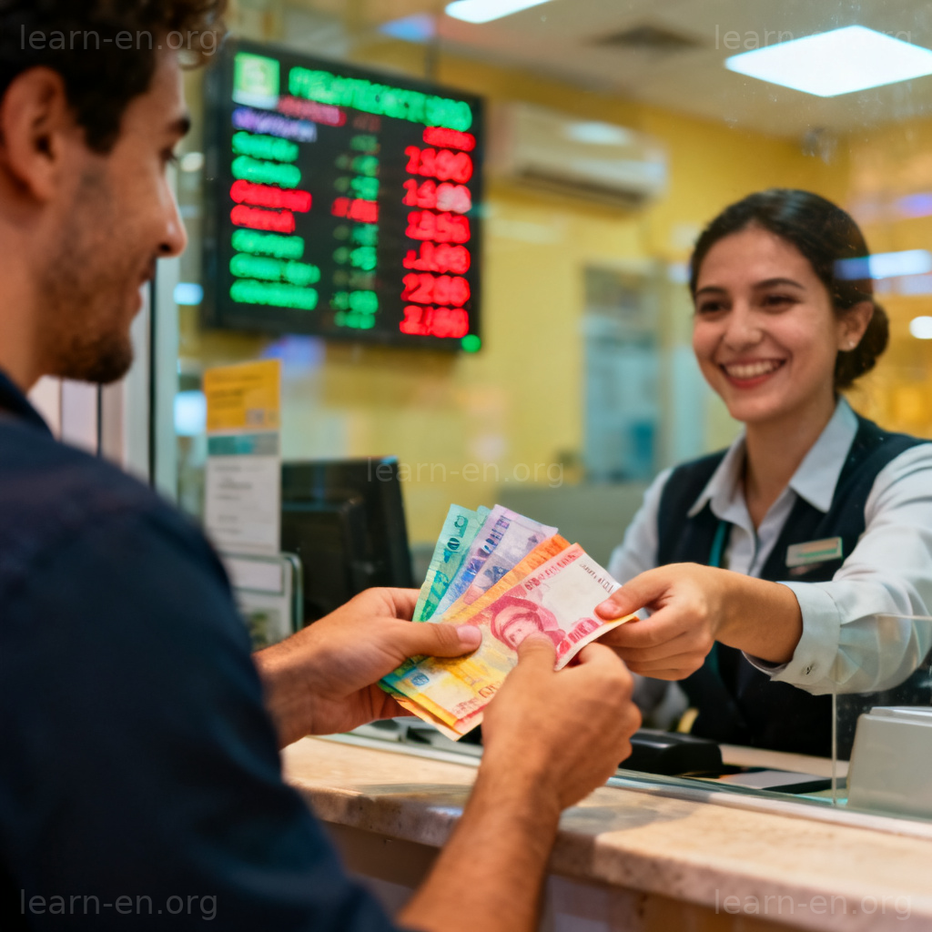 Currency Exchange 图解：银行柜台货币兑换场景与汇率显示屏