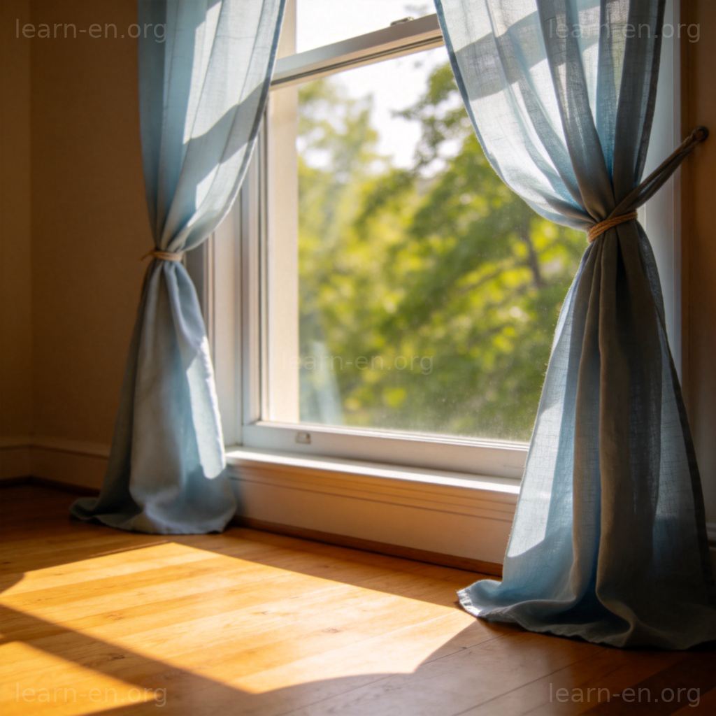 curtain 窗帘图解：卧室窗户浅蓝色棉质窗帘场景