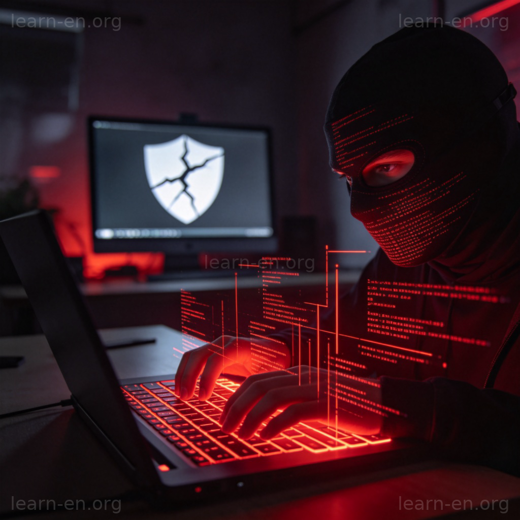 Cyber Attack 网络攻击图解：黑客在暗室操作电脑，屏幕显示破裂的防护盾