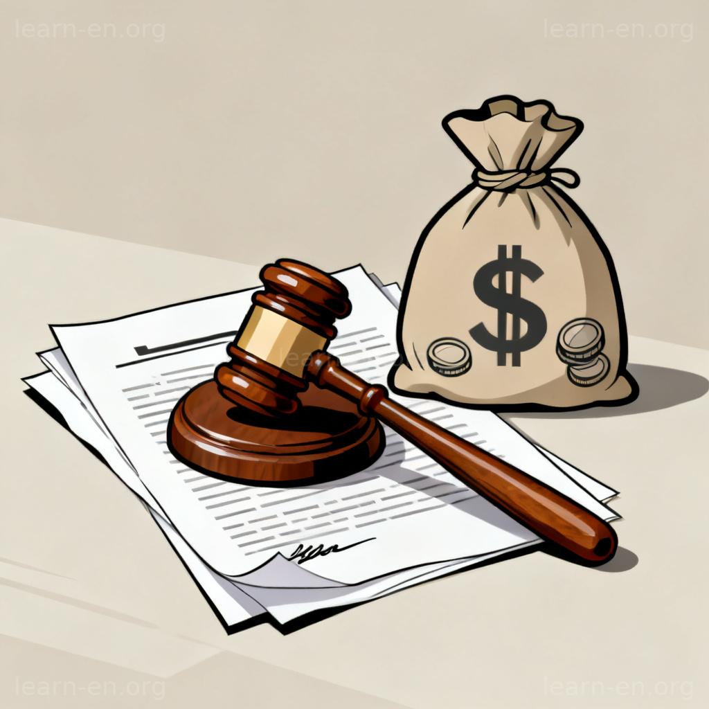 Damages 赔偿金图解：法槌与钱袋象征法庭判决的赔偿