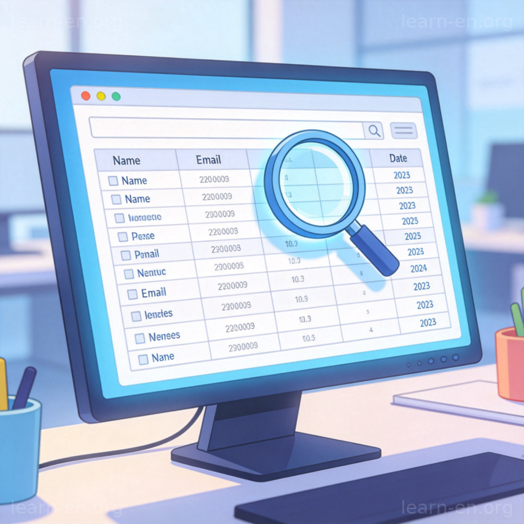 database 数据库概念图解：电脑屏幕上显示数据表格与搜索图标