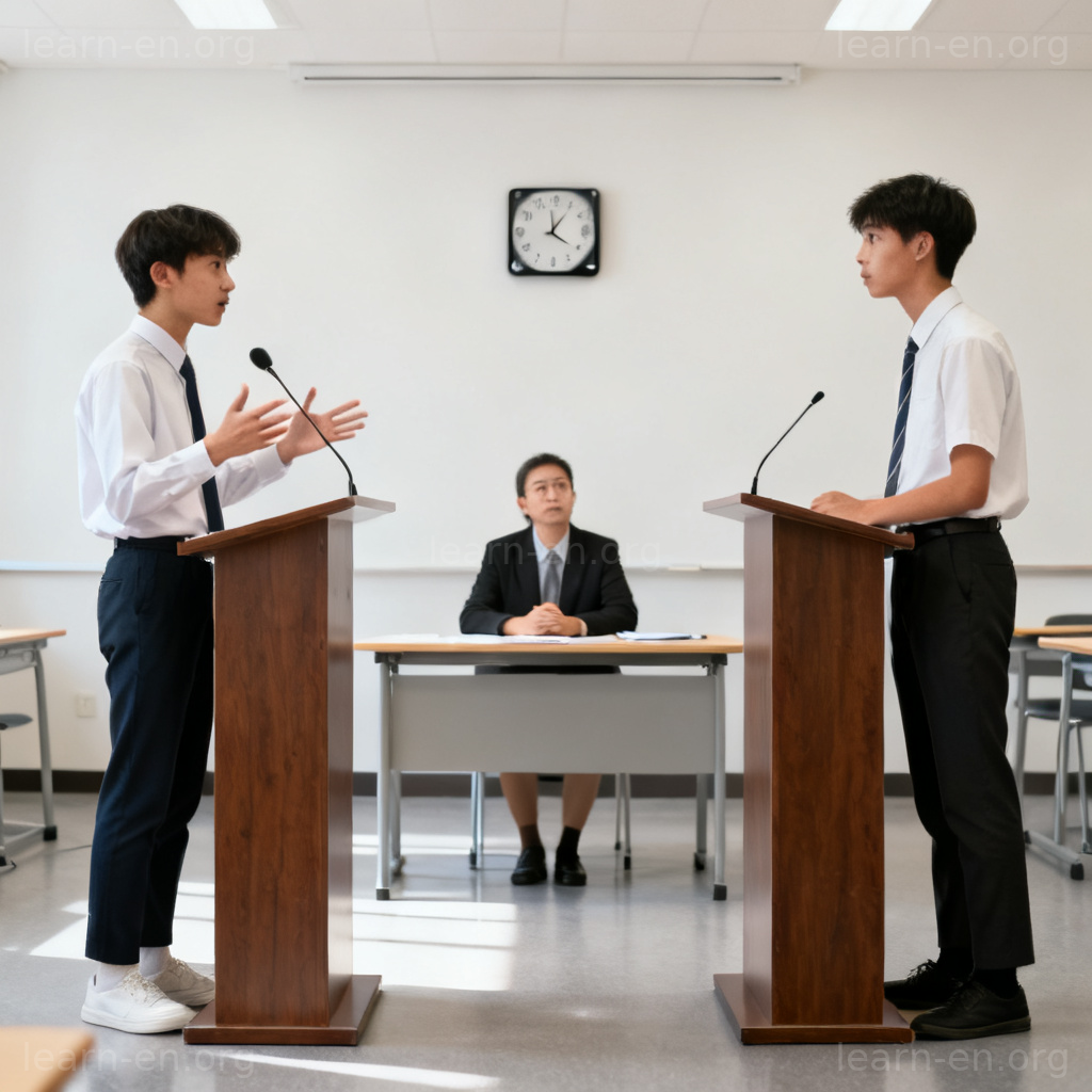 debate 辩论场景图解：学生在讲台前进行正式辩论