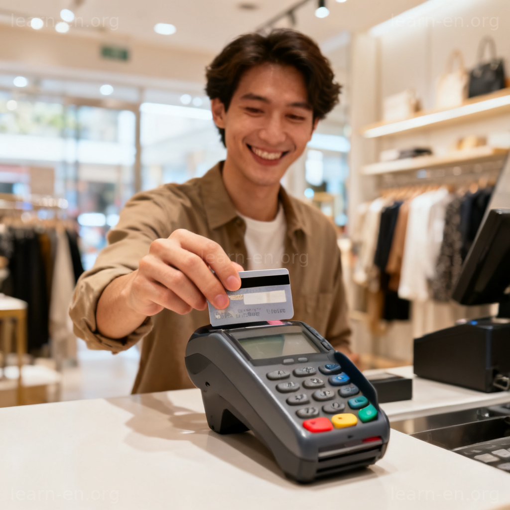 debit card 借记卡图解：顾客在商店使用卡片进行非接触式支付