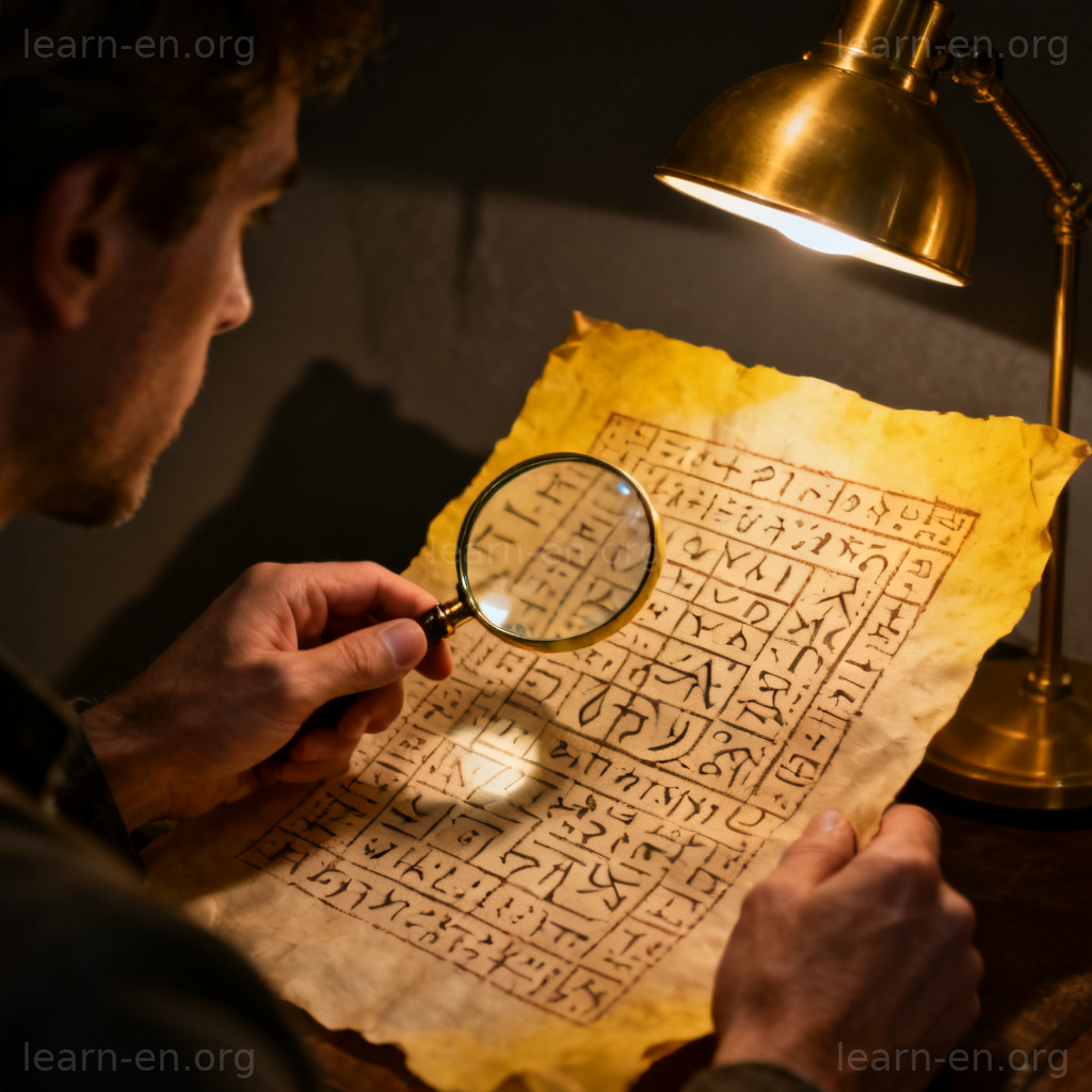 decipher 破解含义图解：放大镜观察古老羊皮纸密码