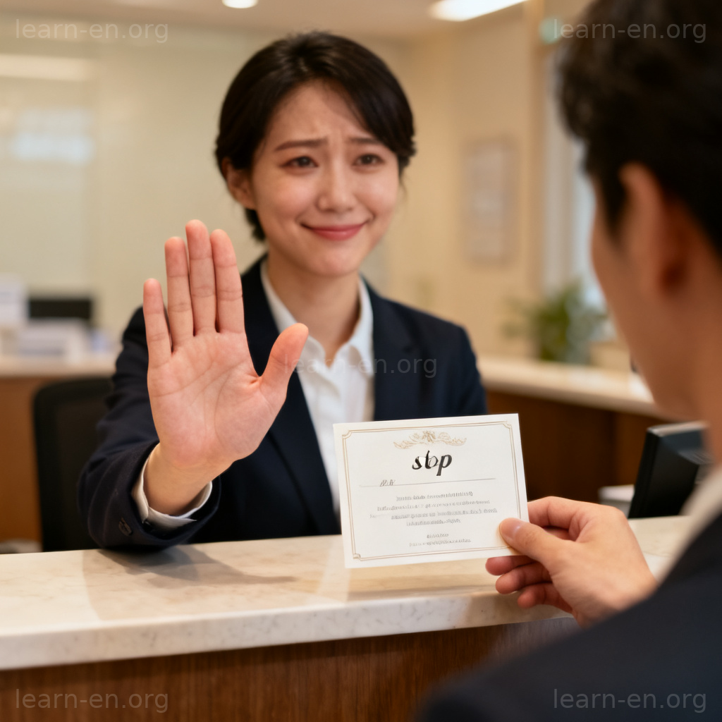 decline 拒绝含义图解：前台人员礼貌婉拒邀请的场景