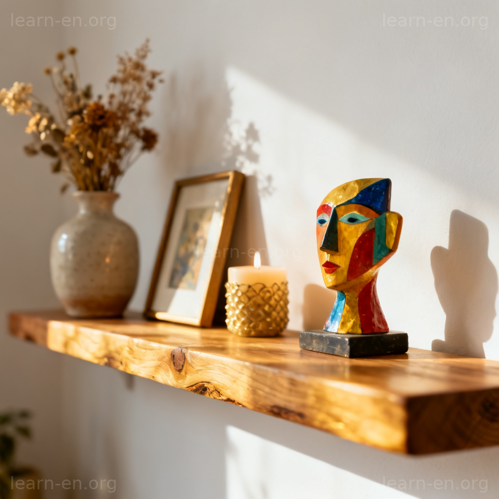 decoration 图解：木质置物架上展示的陶瓷花瓶、相框等家居装饰品